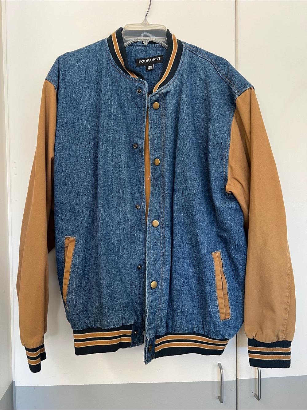 FOURCAST Two-Tone Denim Varsity Bomber Jacket Distressed Thrashed XXL Men